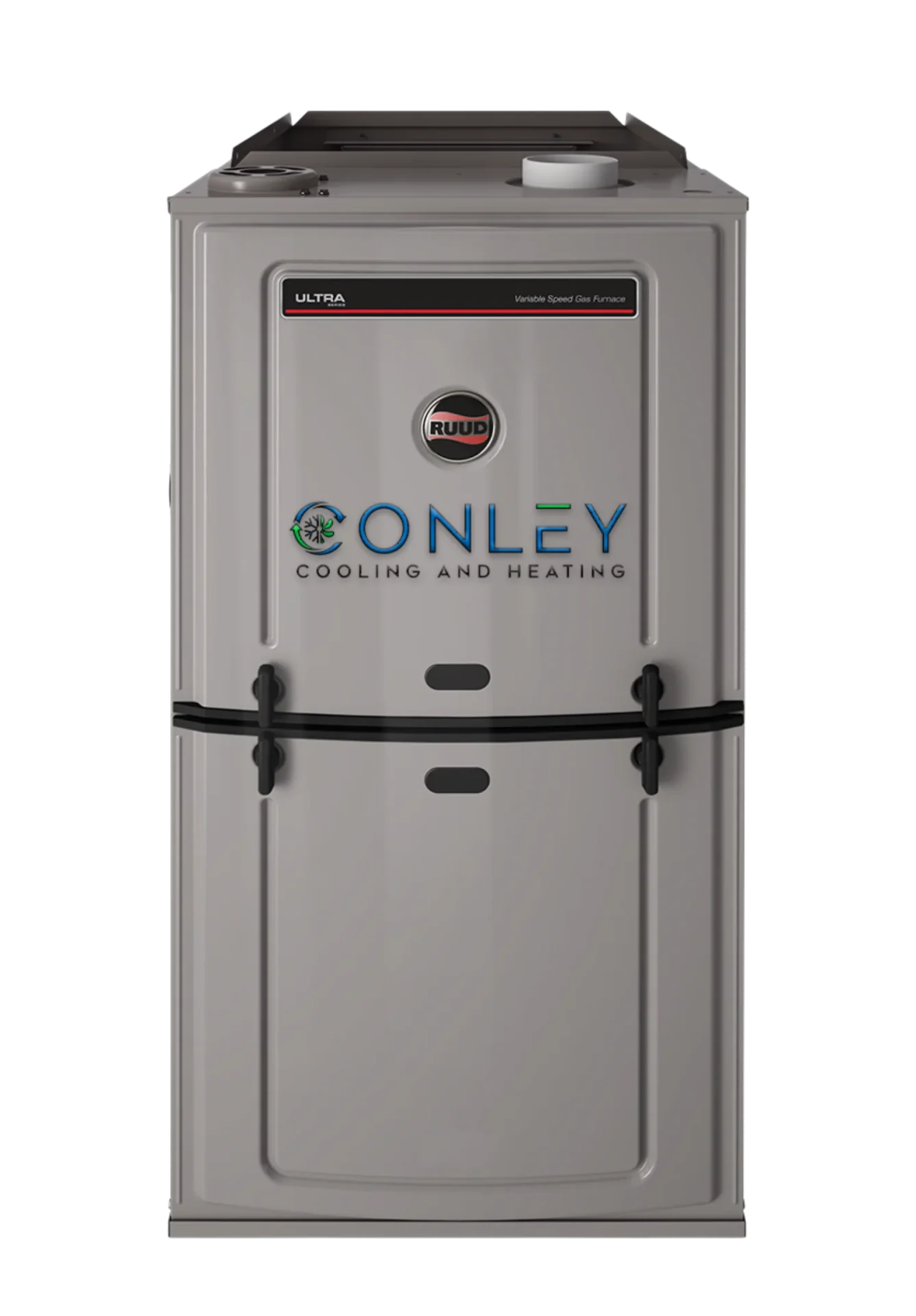 Ruud variable speed gas furnace branded with the Conley Cooling and Heating logo